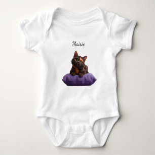 Cartoon Tortoiseshell Kitten on Purple Cushion Baby Bodysuit