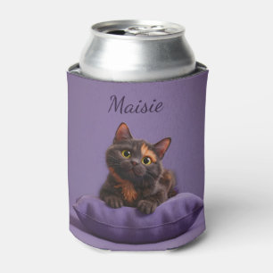 Cartoon Tortoiseshell Kitten on Purple Cushion Can Cooler