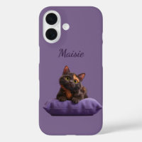Cartoon Tortoiseshell Kitten on Purple Cushion