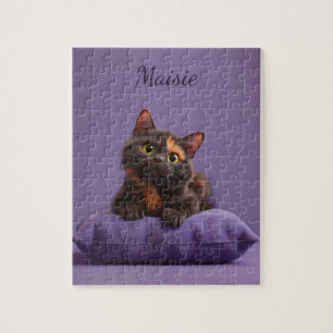 Cartoon Tortoiseshell Kitten on Purple Cushion Jigsaw Puzzle