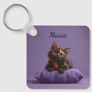 Cartoon Tortoiseshell Kitten on Purple Cushion Key Ring