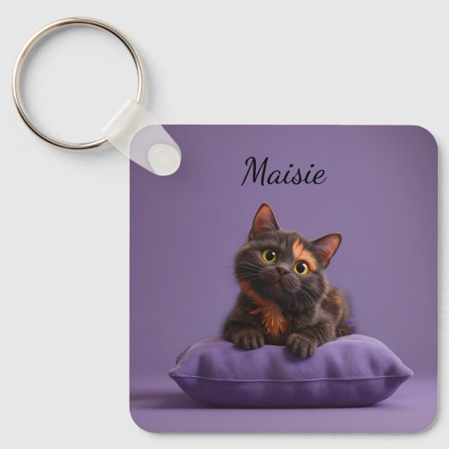 Cartoon Tortoiseshell Kitten on Purple Cushion Key Ring (Front)
