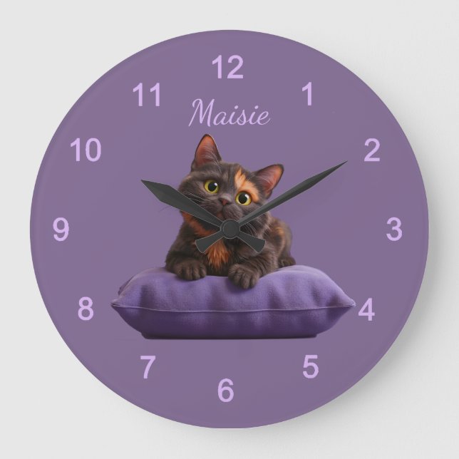 Cartoon Tortoiseshell Kitten on Purple Cushion Large Clock (Front)