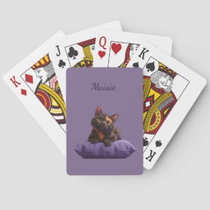 Cartoon Tortoiseshell Kitten on Purple Cushion Playing Cards