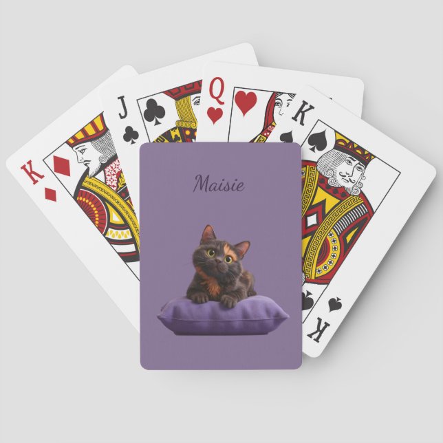 Cartoon Tortoiseshell Kitten on Purple Cushion Playing Cards (Back)