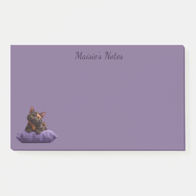 Cartoon Tortoiseshell Kitten on Purple Cushion Post-it Notes (Front)