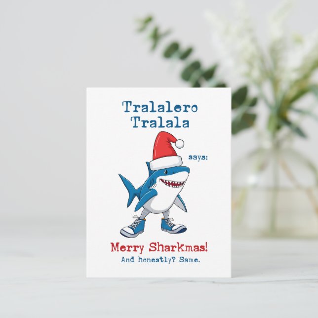 Cartoon Tralalero Tralala Says Merry Sharkmas Holiday Postcard (Standing Front)