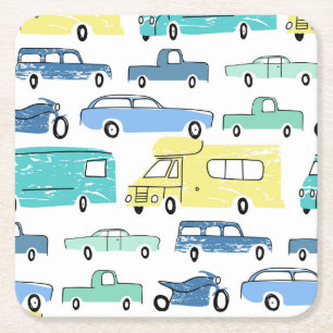 Cartoon Transport: City Kids' Fun. Square Paper Coaster
