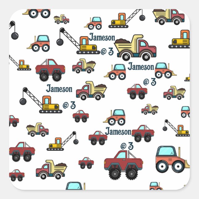 Cartoon Truck Car Crane Vehicle Name Birthday Square Sticker (Front)