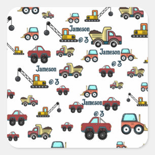Cartoon Truck Car Crane Vehicle Name Birthday Square Sticker