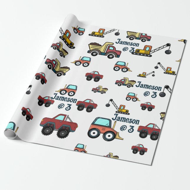 Cartoon Truck Car Crane Vehicle Name Birthday Wrapping Paper (Unrolled)