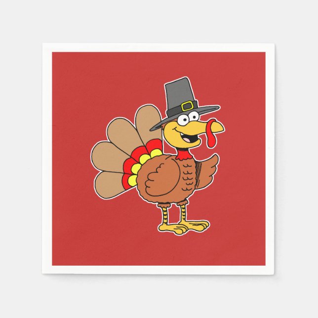 Cartoon Turkey Pilgrim Hat Thanksgiving Napkin (Front)