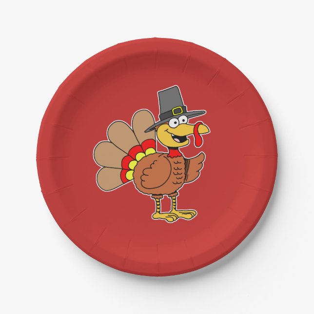 Cartoon Turkey Pilgrim Hat Thanksgiving Paper Plate (Front)