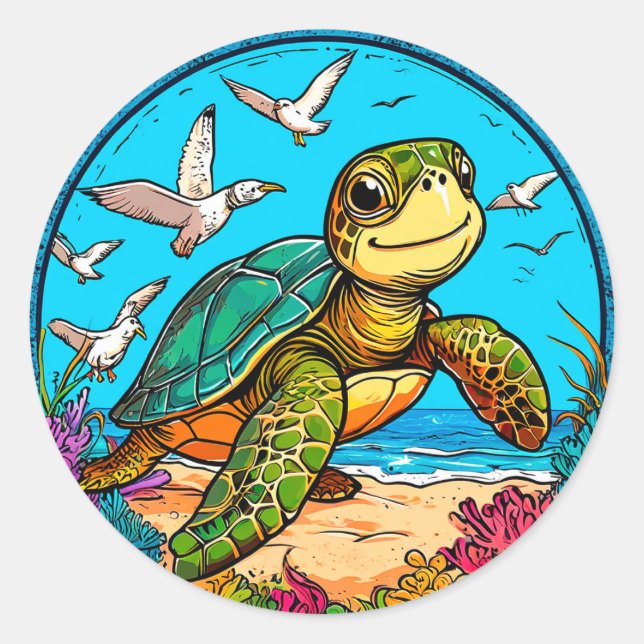 Cartoon turtle classic round sticker (Front)