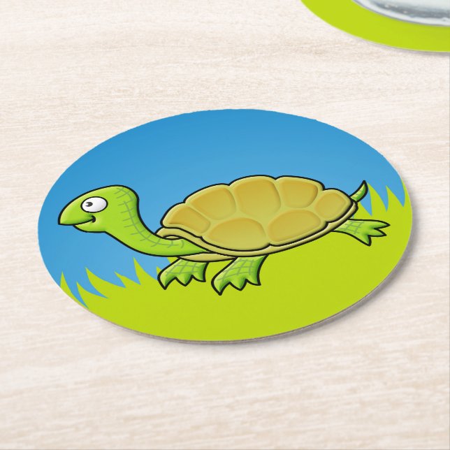 Cartoon Turtle Round Paper Coaster (Angled)