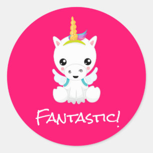 Cartoon Unicorn School Teacher Custom Text Award Classic Round Sticker