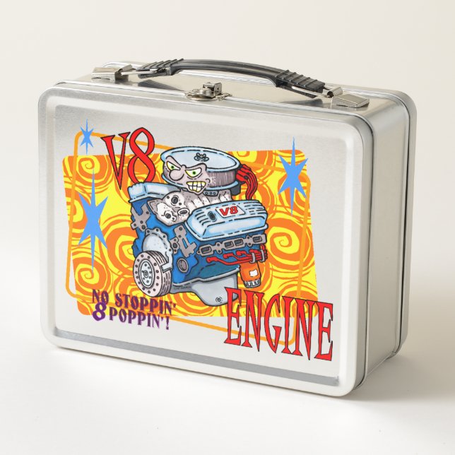 CARTOON V-8 ENGINE METAL LUNCH BOX (Front)