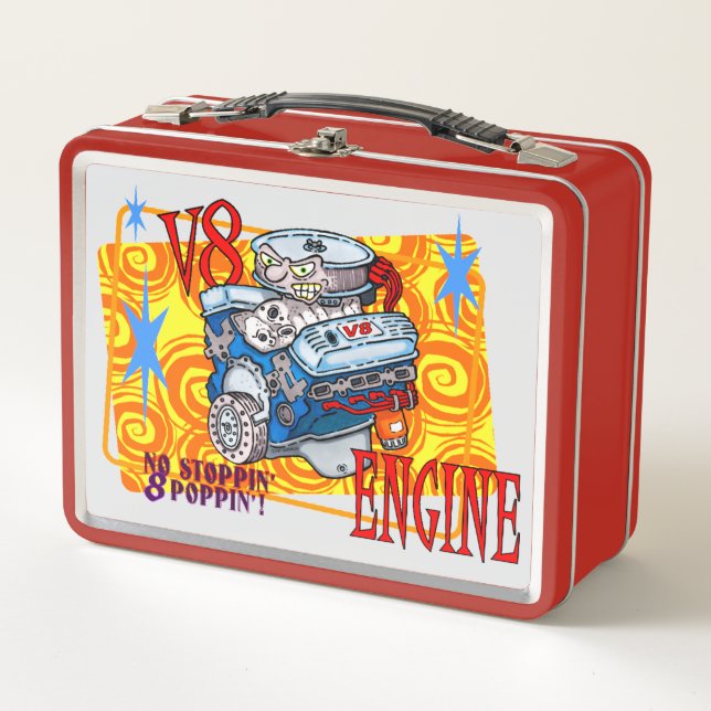 CARTOON V-8 ENGINE METAL LUNCH BOX (Front)