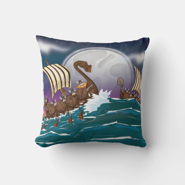 Cartoon Viking invasion fleet Cushion (Front)