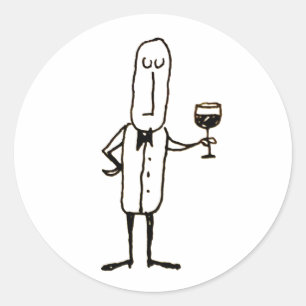 Cartoon Waiter Guy Holding Wine Glass Classic Round Sticker