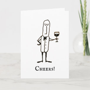 Cartoon Waiter Holding Wine Happy Birthday Card