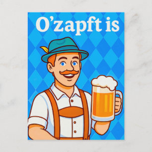 Cartoon Waiter in Lederhosen with Beer Holiday Postcard