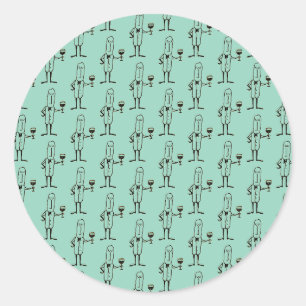 Cartoon Waiters Guys Holding Wine Glass Classic Round Sticker