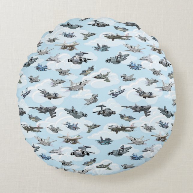 Cartoon warplanes pattern fabric round cushion (Front)