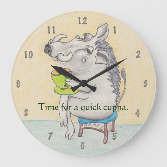 Cartoon Warthog drinking a cup of tea Large Clock (Front)