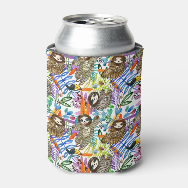 Cartoon Watercolor Sloth Pattern Can Cooler (Can Front)