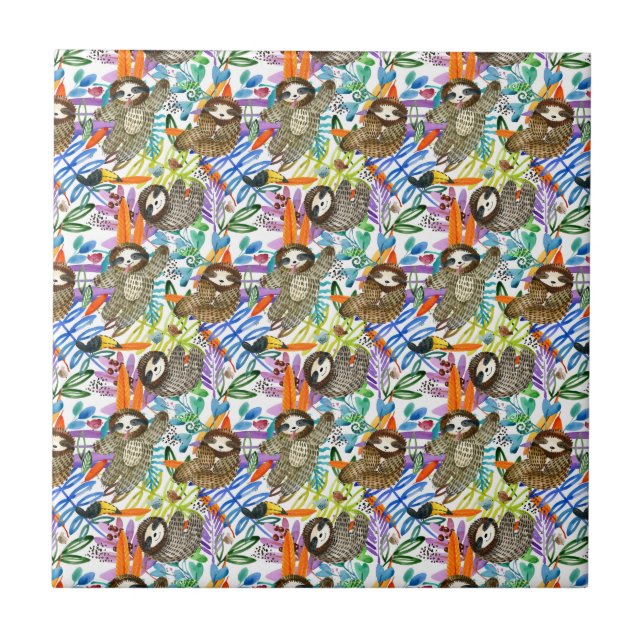 Cartoon Watercolor Sloth Pattern Ceramic Tile (Front)