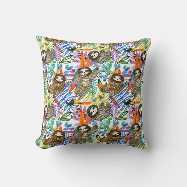 Cartoon Watercolor Sloth Pattern Cushion (Front)