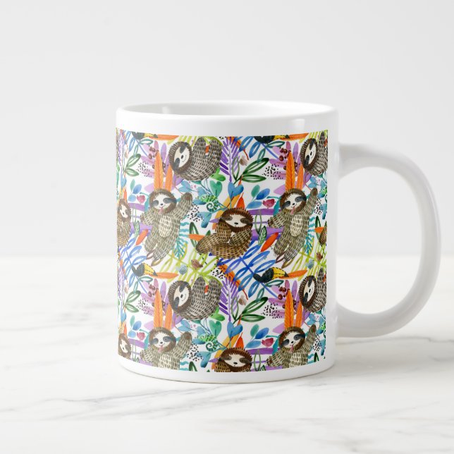Cartoon Watercolor Sloth Pattern Large Coffee Mug (Right)