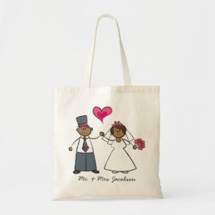 Cartoon Wedding Couple Bride & Groom Fuchsia Heart Tote Bag