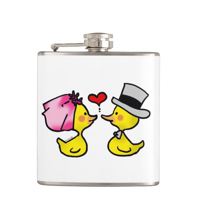 cartoon wedding ducks couple hip flask (Front)
