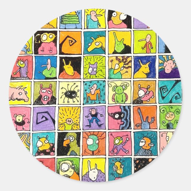 Cartoon Weird Strange Faces Square Designs Classic Round Sticker (Front)