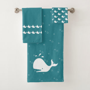 Cartoon Whale OceanTeal Blue Bath Towel Set