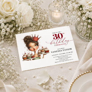 Cartoon Whimsical Woman 30th Birthday Marsala Part Invitation