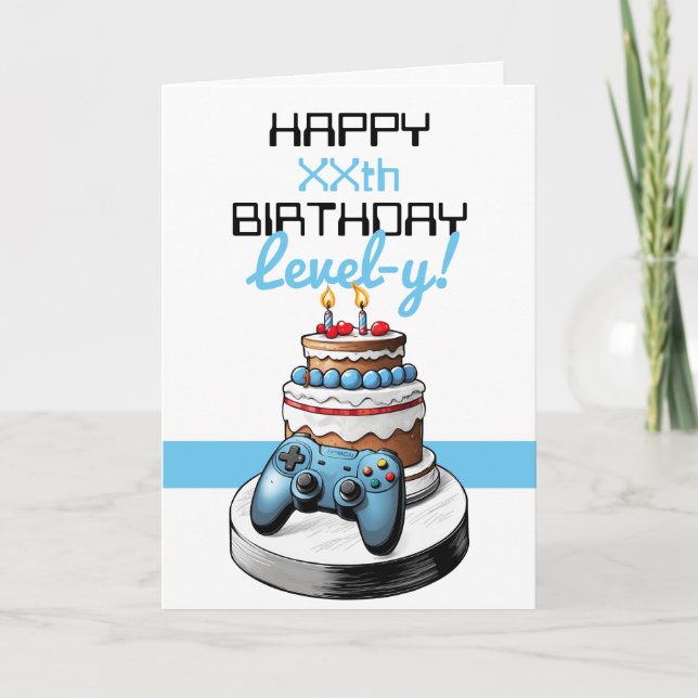 Cartoon White & Blue Gaming Controller Birthday Card (Front)