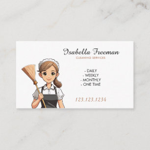 Cartoon White Broom House Maid Cleaning Business Card