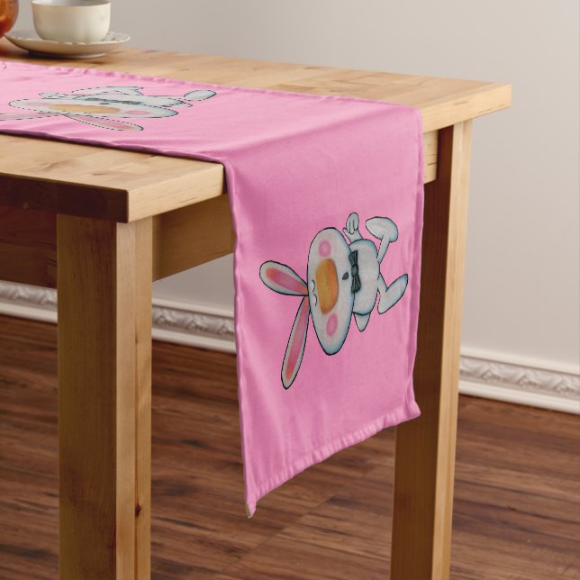 Cartoon White Bunnies Thumbs Up Orange Noses Pink Short Table Runner (In Situ)