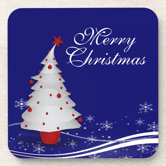 Cartoon White Christmas Tree Christmas Coaster (Front)