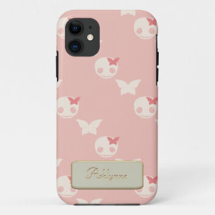 Cartoon White Skulls on Pink Embossed Text Effect iPhone 11 Case