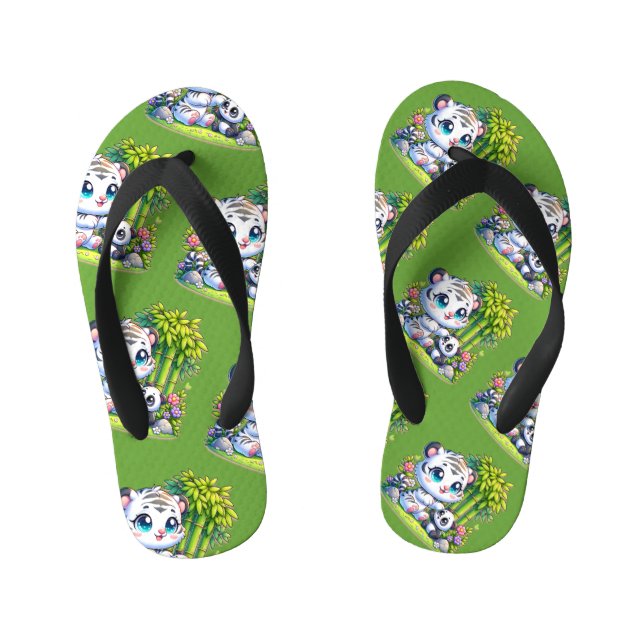 Cartoon White Tiger & Panda | Kid's Thongs (Footbed)