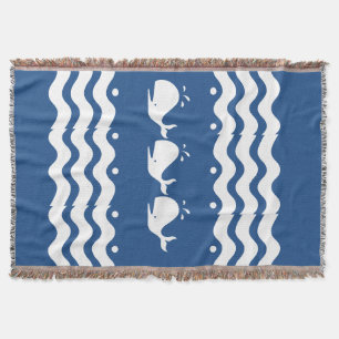 Cartoon White WHALE on medium blue Throw Blanket