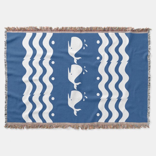 Cartoon White WHALE on medium blue Throw Blanket (Front)