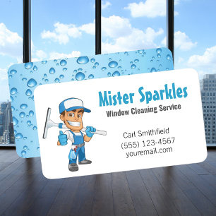 Cartoon Window Squeegee Cleaning Service Guy Business Card