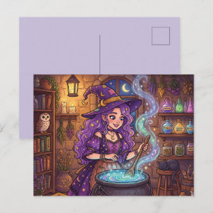 Cartoon Witch Making Love Potion Holiday Postcard