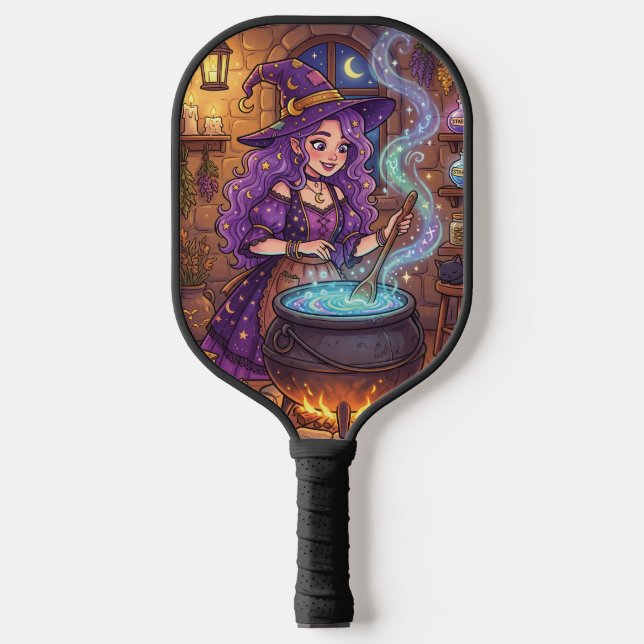 Cartoon Witch Making Love Potion Pickleball Paddle (Front)