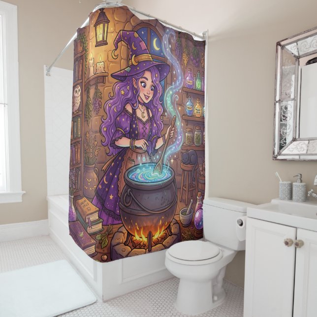 Cartoon Witch Making Love Potion Shower Curtain (In Situ)